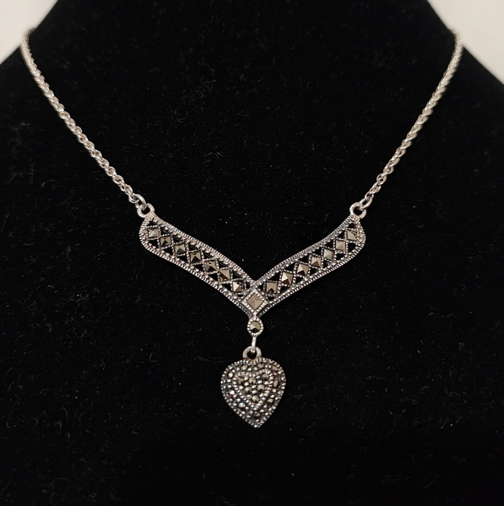 Art Deco Sterling Silver & Marcasite Heart Drop Pendant Necklace